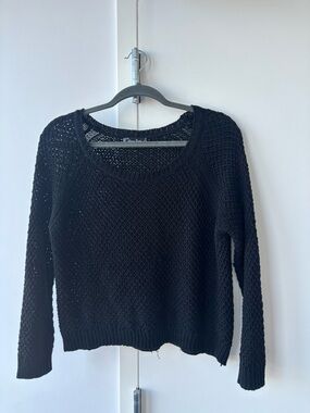 Women's Black Open-Knit Boxy Crewneck Sweater